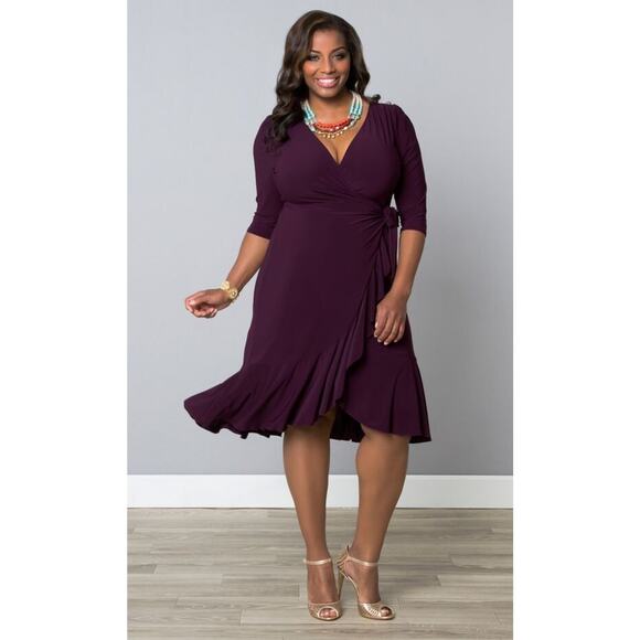 Kiyonna Dress Whimsy Style True Wrap Size 1X Purple Ruffle Hem Feminine Slimming - Picture 1 of 10
